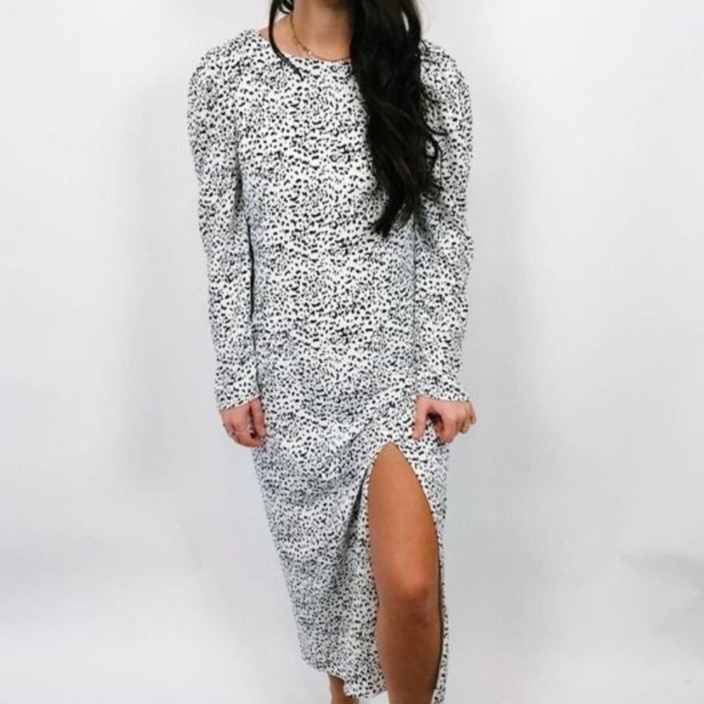 Glamorous Animal‎ Print Puff Shoulder Midi Dress Black White Long Sleeve US 8